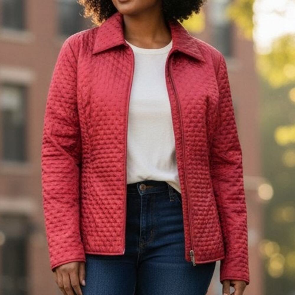 Talbots Quilted Puffer Jacket Full Zip Women 14 Red Dotted Light Insulated VTG